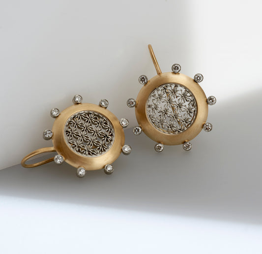 Round Damask Earrings with Diamond Orbitals