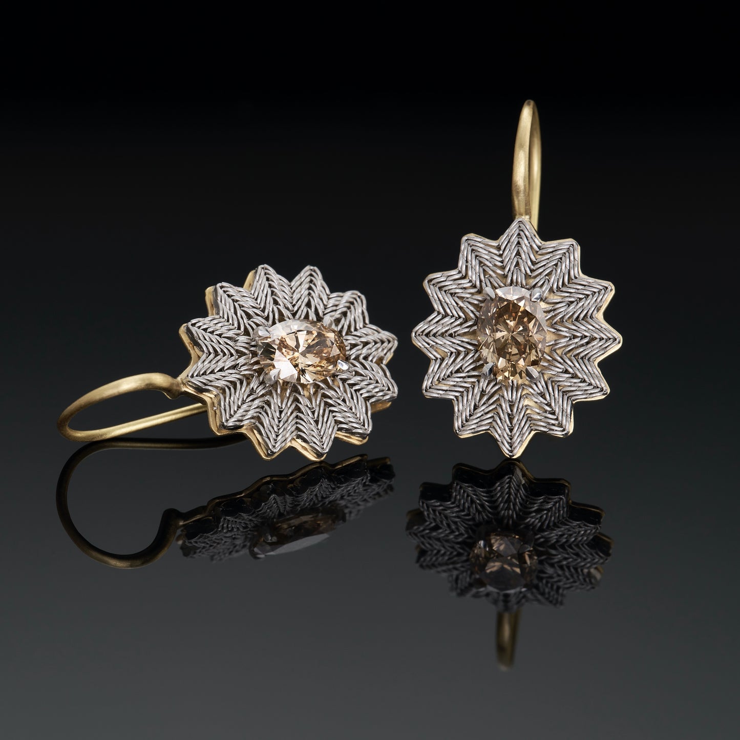 Flower Earrings with Oval Champagne Diamonds